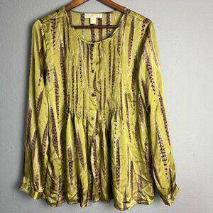 Michael Kors Abstract Eclectic Retro Boho Tunic Feather Print Pleated Blouse L‎